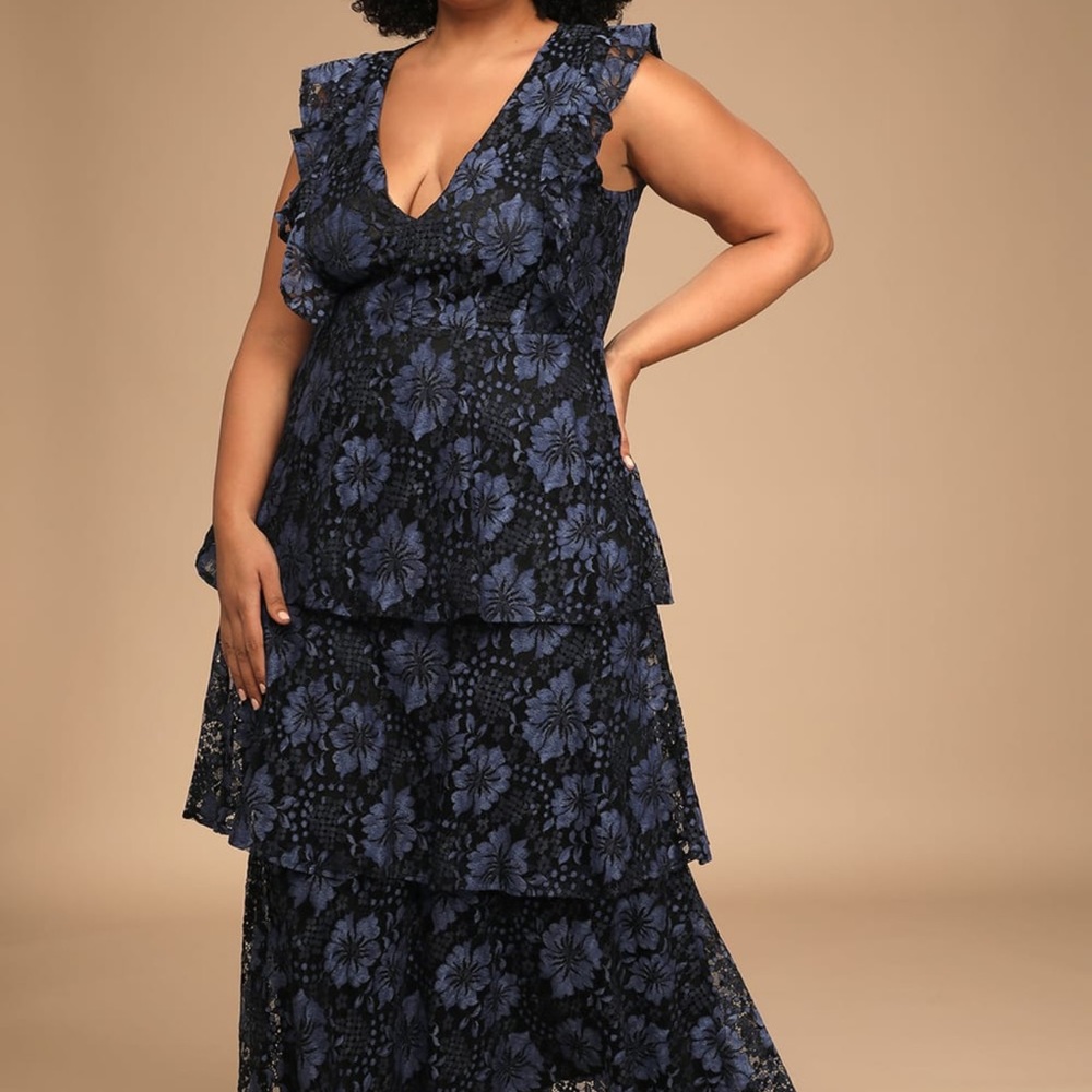 Lulu’s Molinetto Navy Blue Lace Ruffled Tiered Sleeveless Maxi Dress